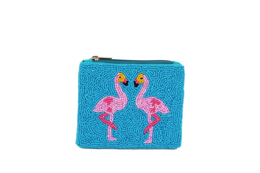 Ladies Beaded Blue Flamingo Theme Coin Purse