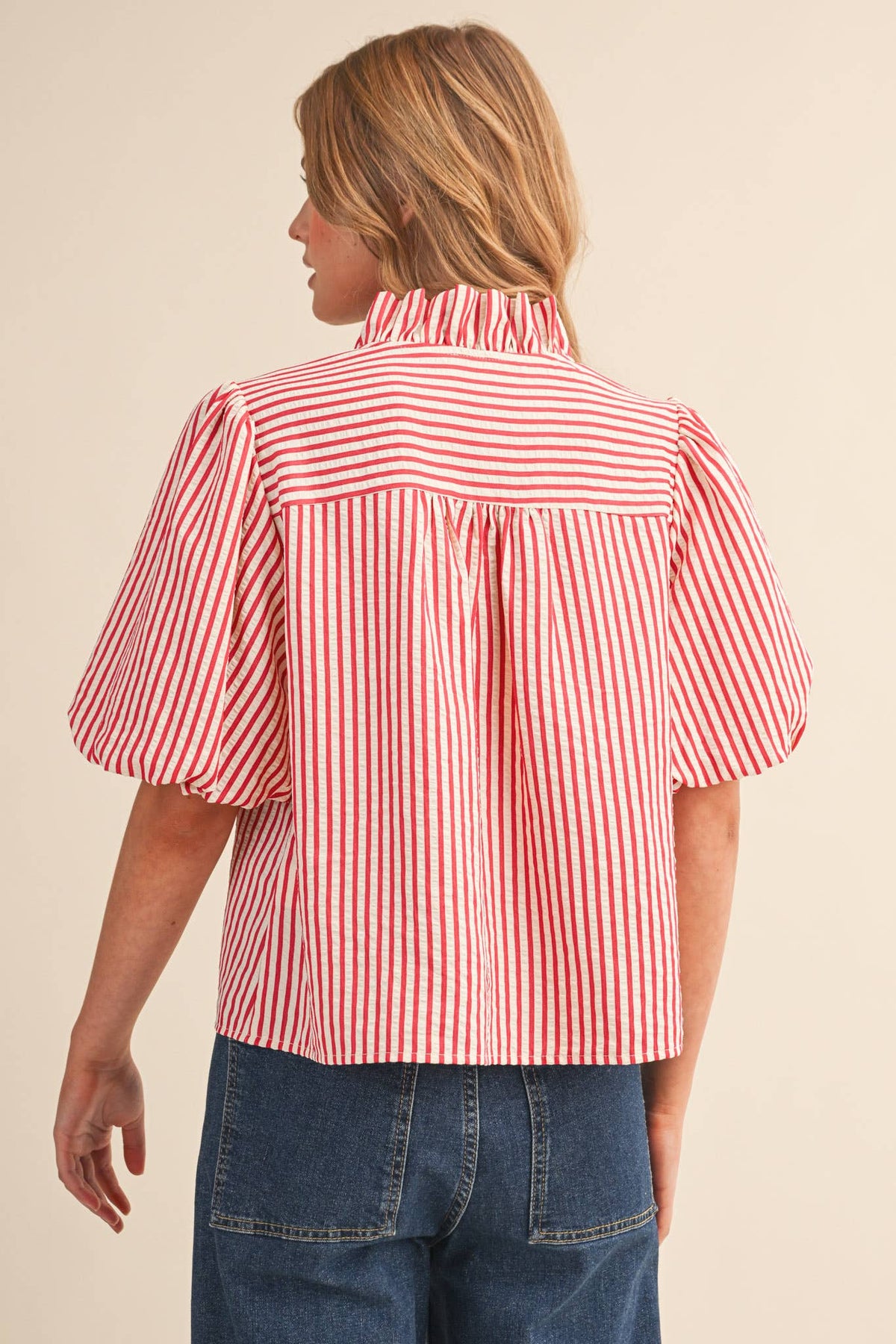 STRIPED RUFFLED BUTTON DOWN TOP