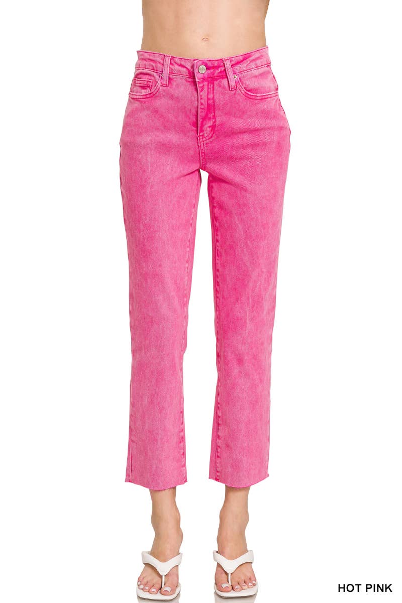 Acid Washed High Waist Cropped Straight Pants