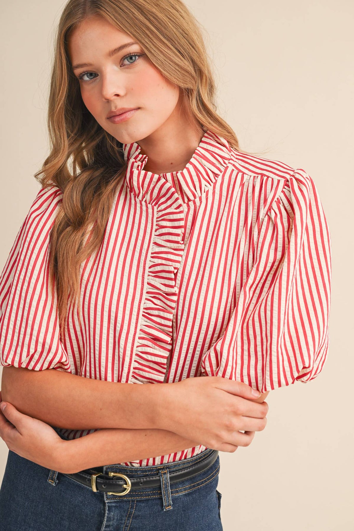 STRIPED RUFFLED BUTTON DOWN TOP