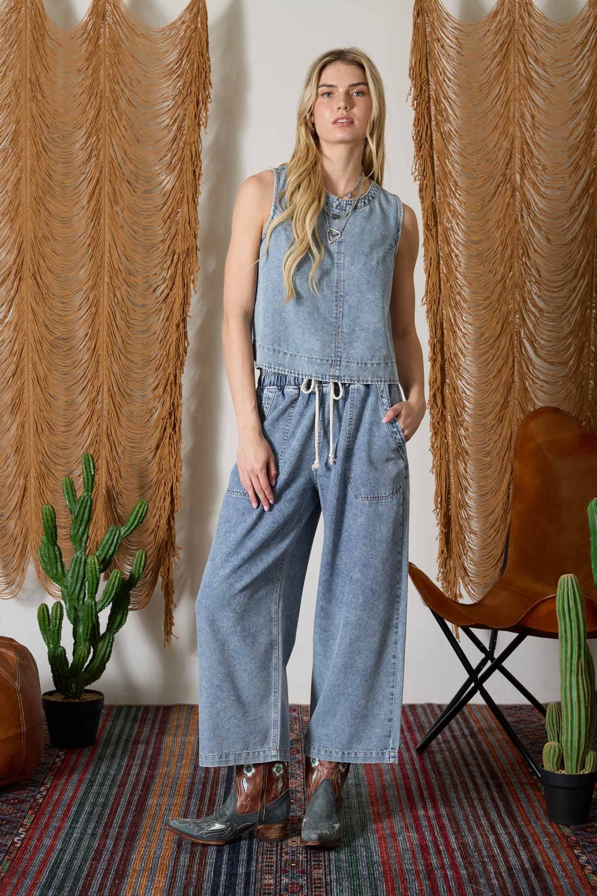WASHED DRAWSTRING WAIST WIDE LEG DENIM PANTS