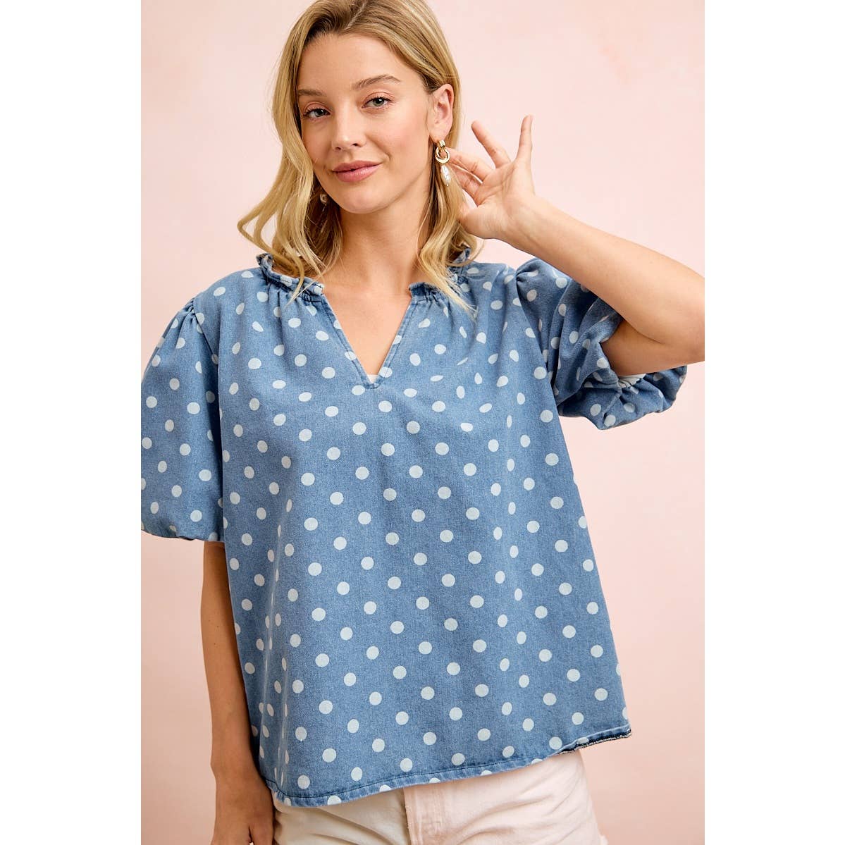 POLKA DOTS PRINTED DENIM V NECK SLEEVES TOP