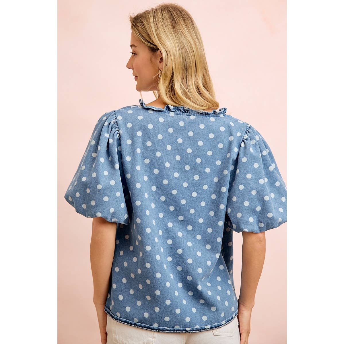 POLKA DOTS PRINTED DENIM V NECK SLEEVES TOP