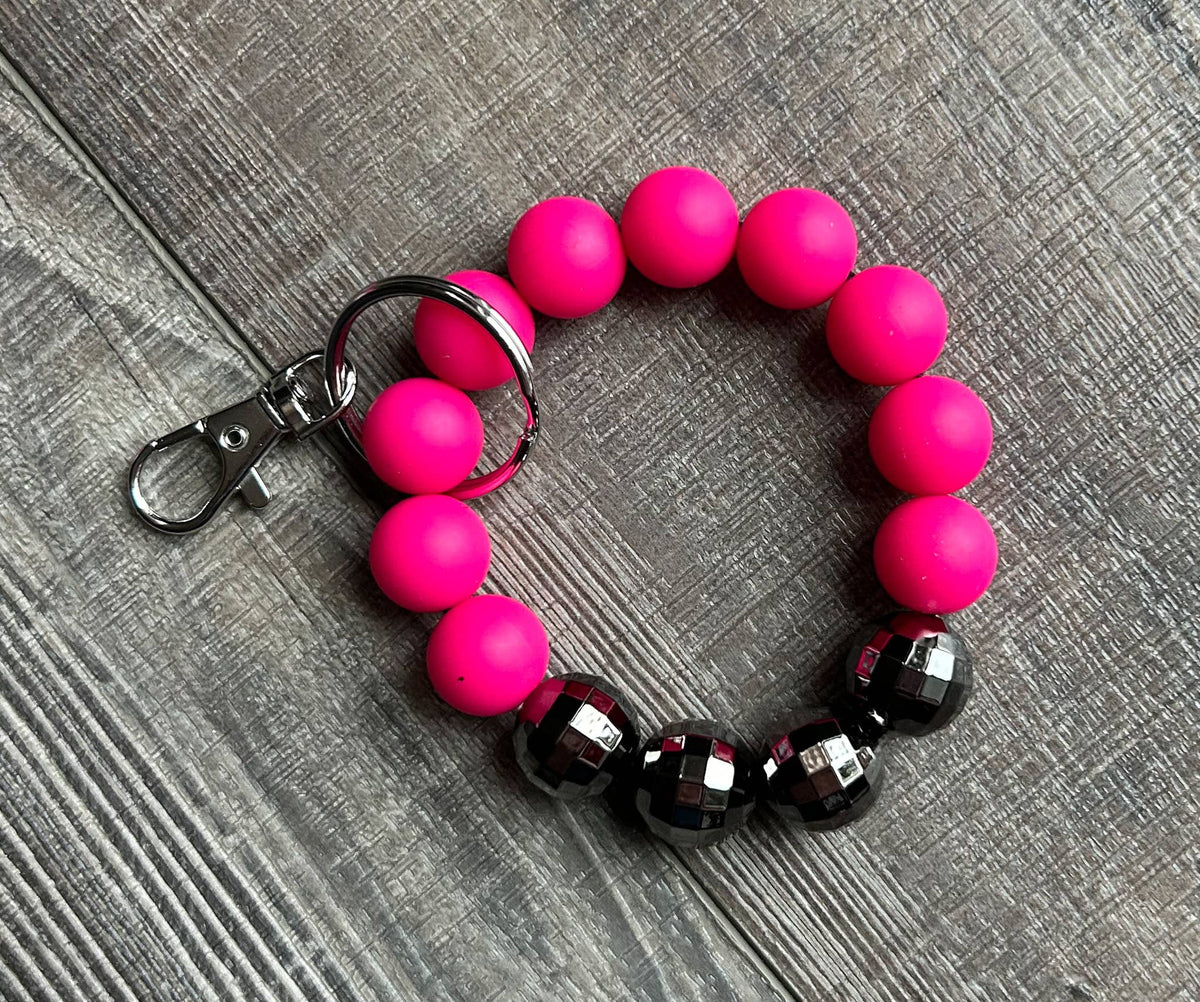 Bright Pink and Silver Disco Ball Wristlet Keychain