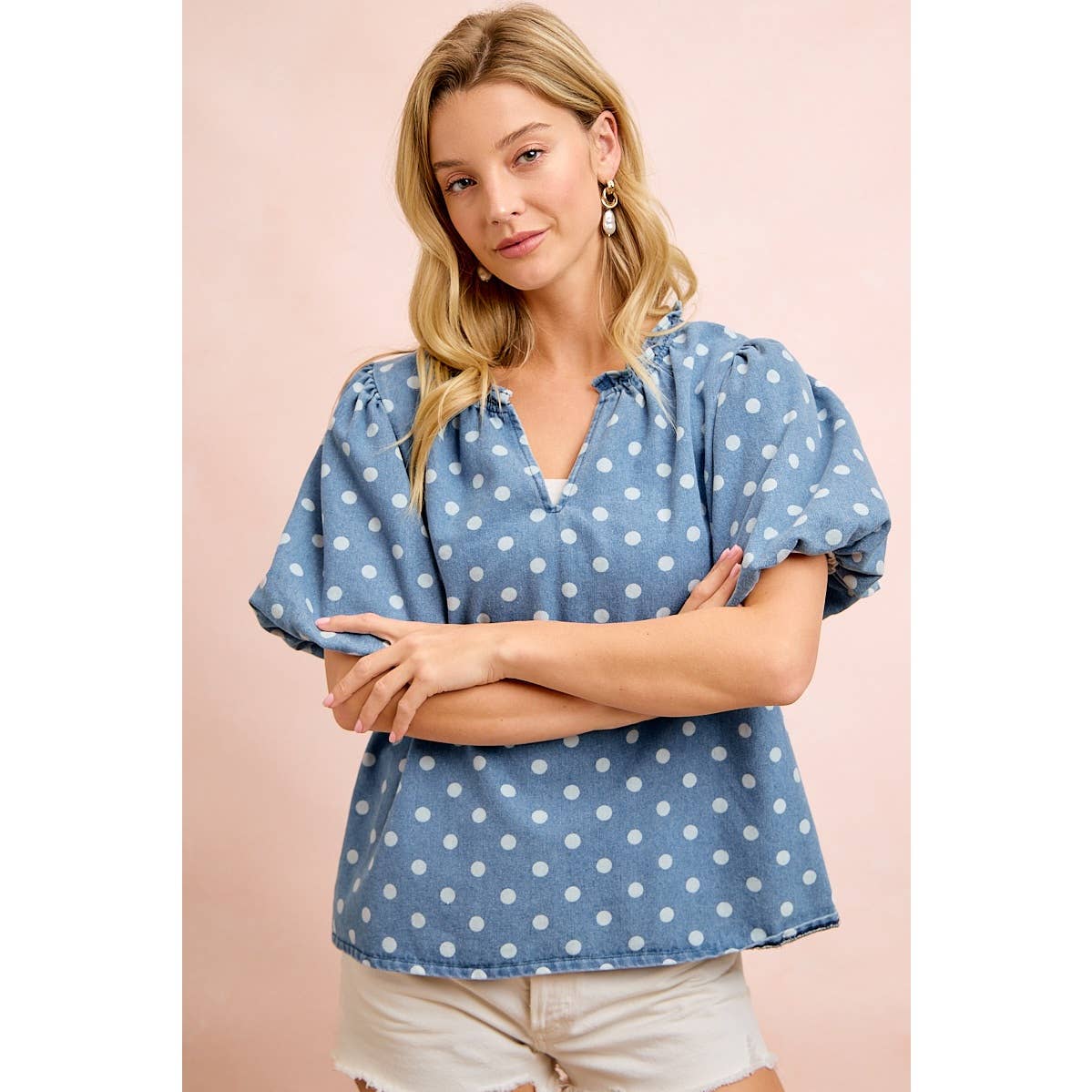 POLKA DOTS PRINTED DENIM V NECK SLEEVES TOP