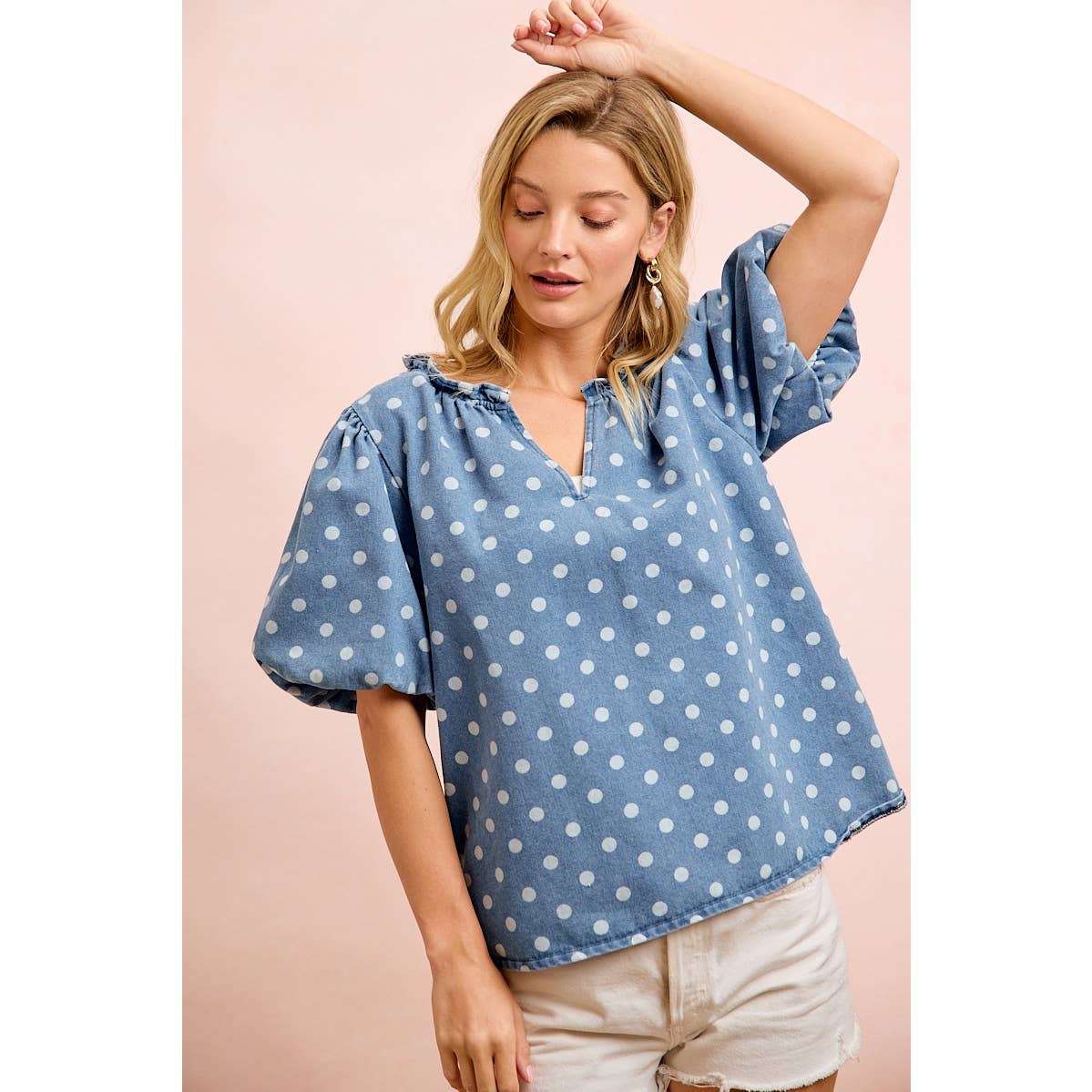 POLKA DOTS PRINTED DENIM V NECK SLEEVES TOP