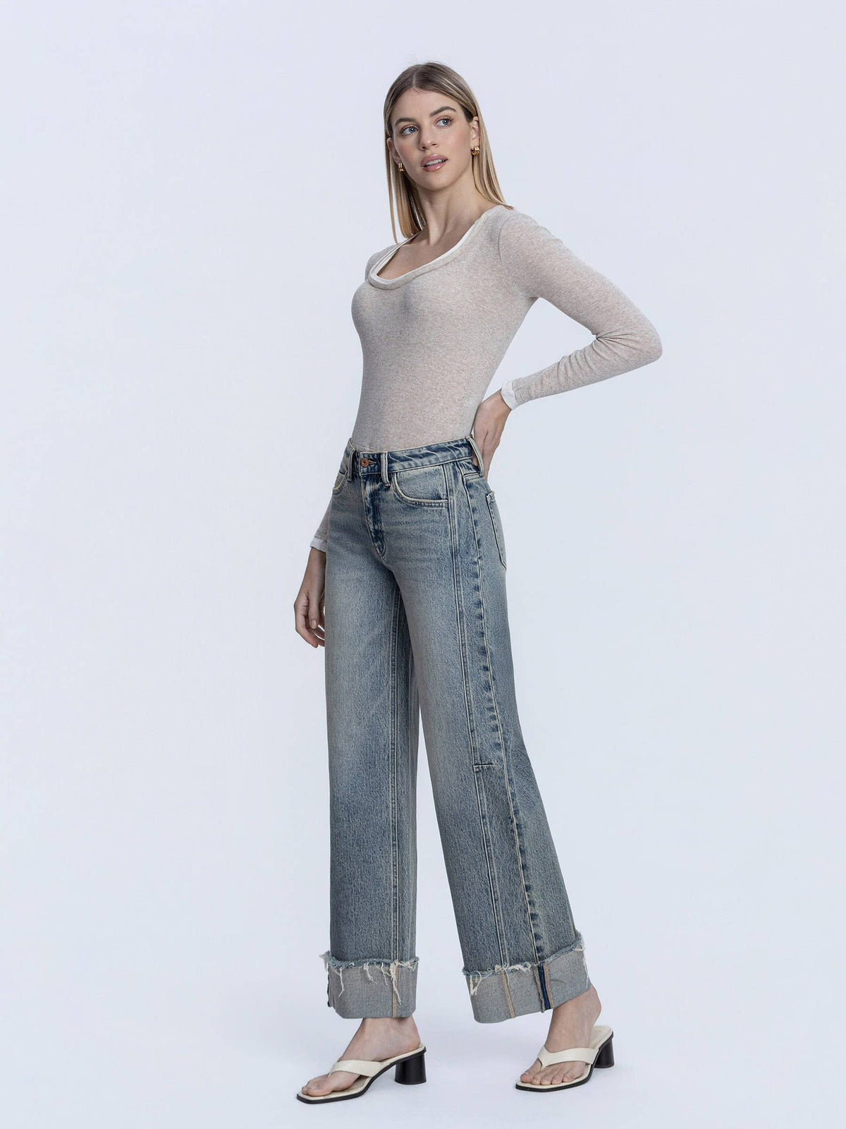 HIGH RISE FULL LENGTH CUFF TINTED WIDE LEG JEANS