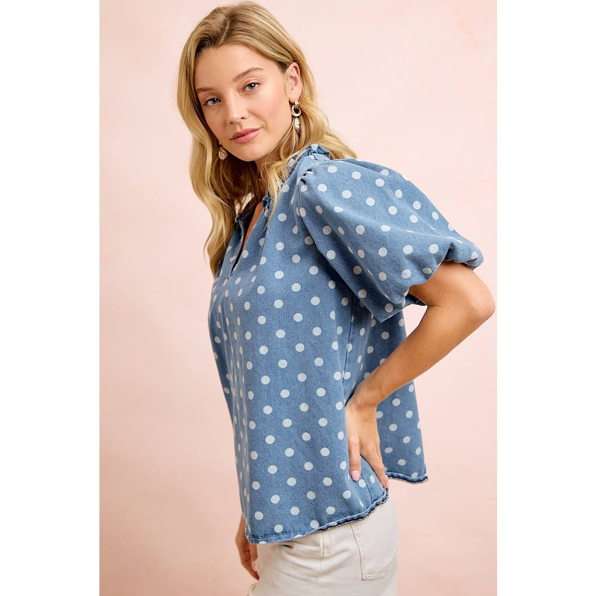 POLKA DOTS PRINTED DENIM V NECK SLEEVES TOP