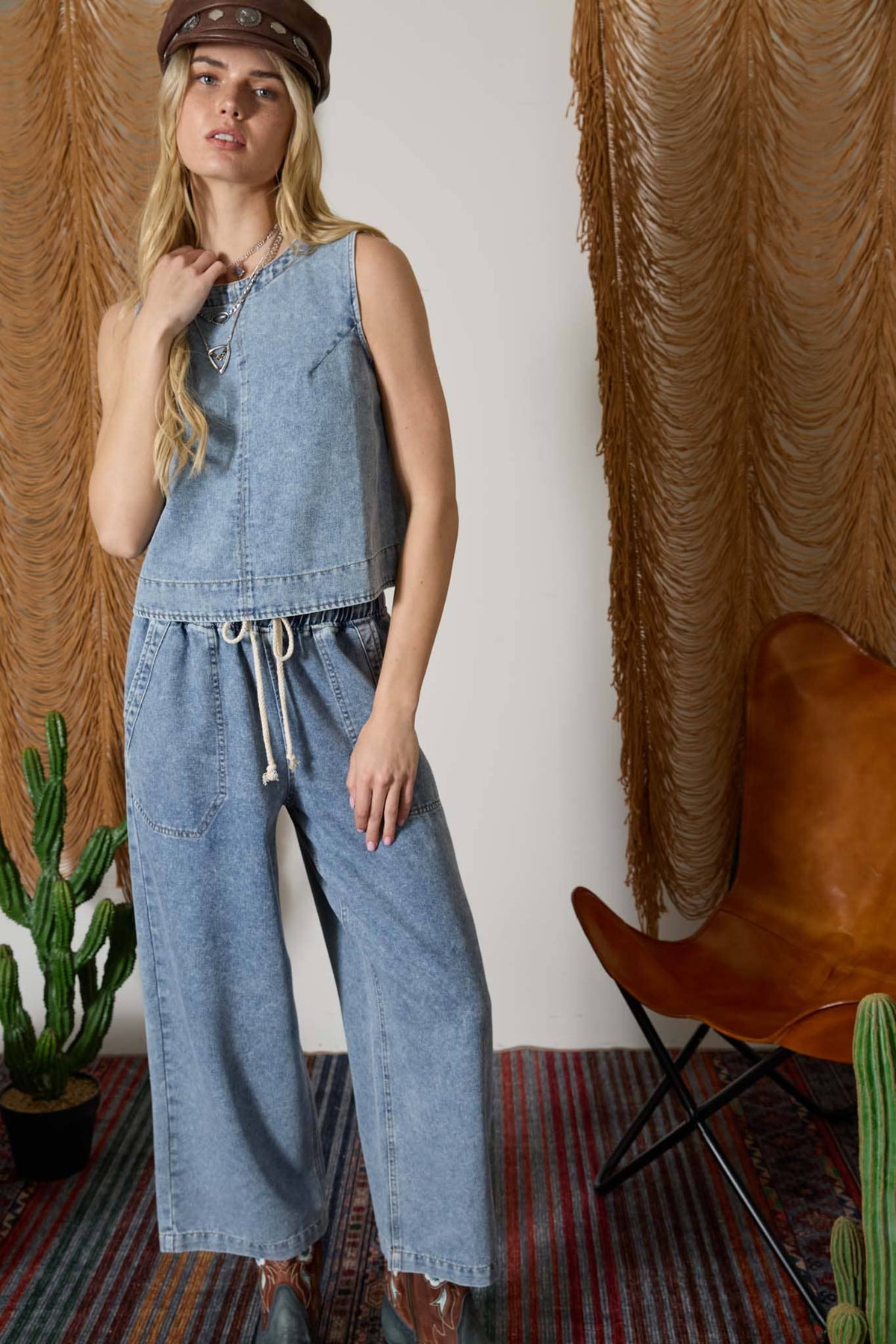 WASHED DRAWSTRING WAIST WIDE LEG DENIM PANTS
