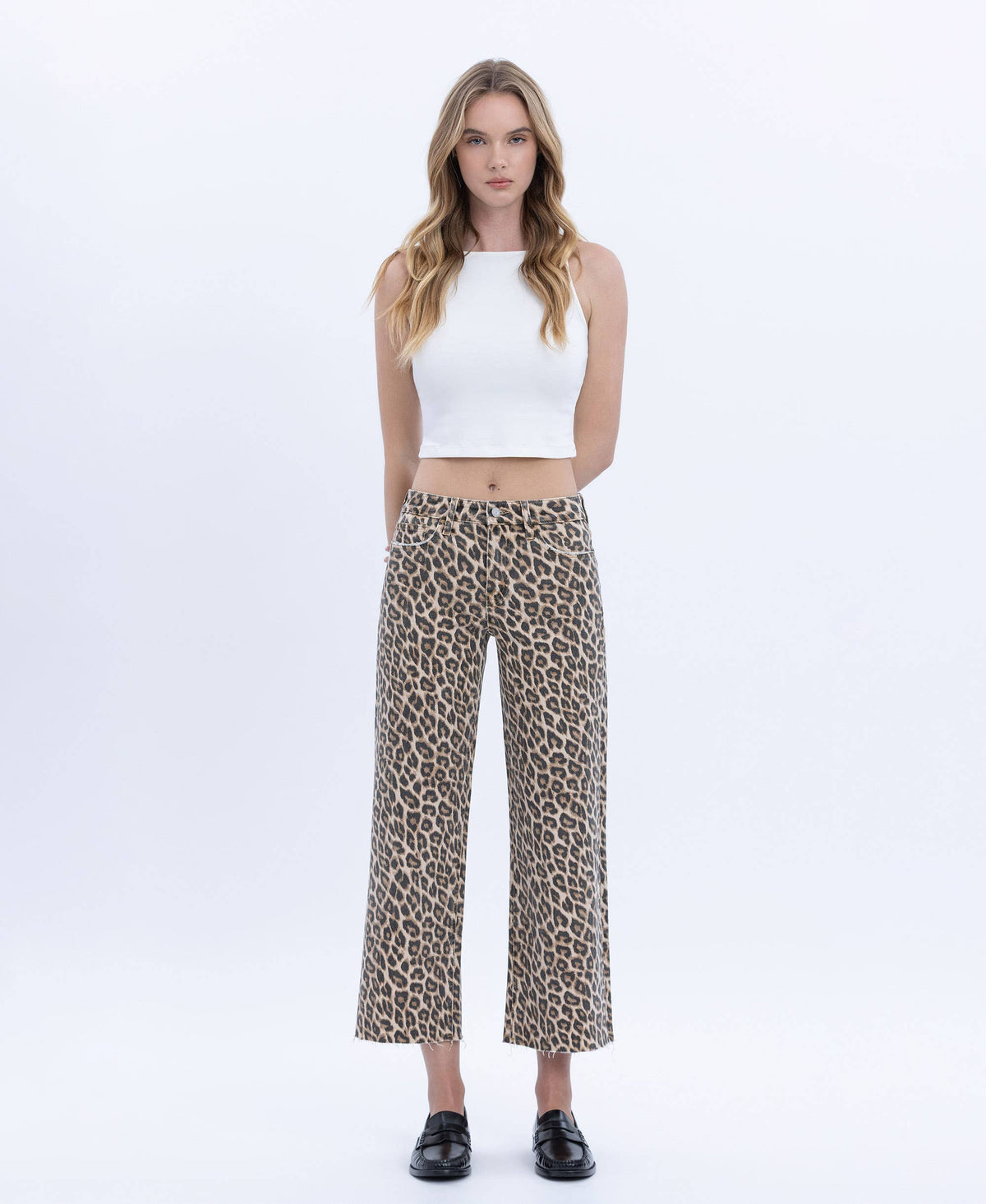 HIGH RISE ANIMAL PRINT CROP WIDE LEG JEANS T5894LPD