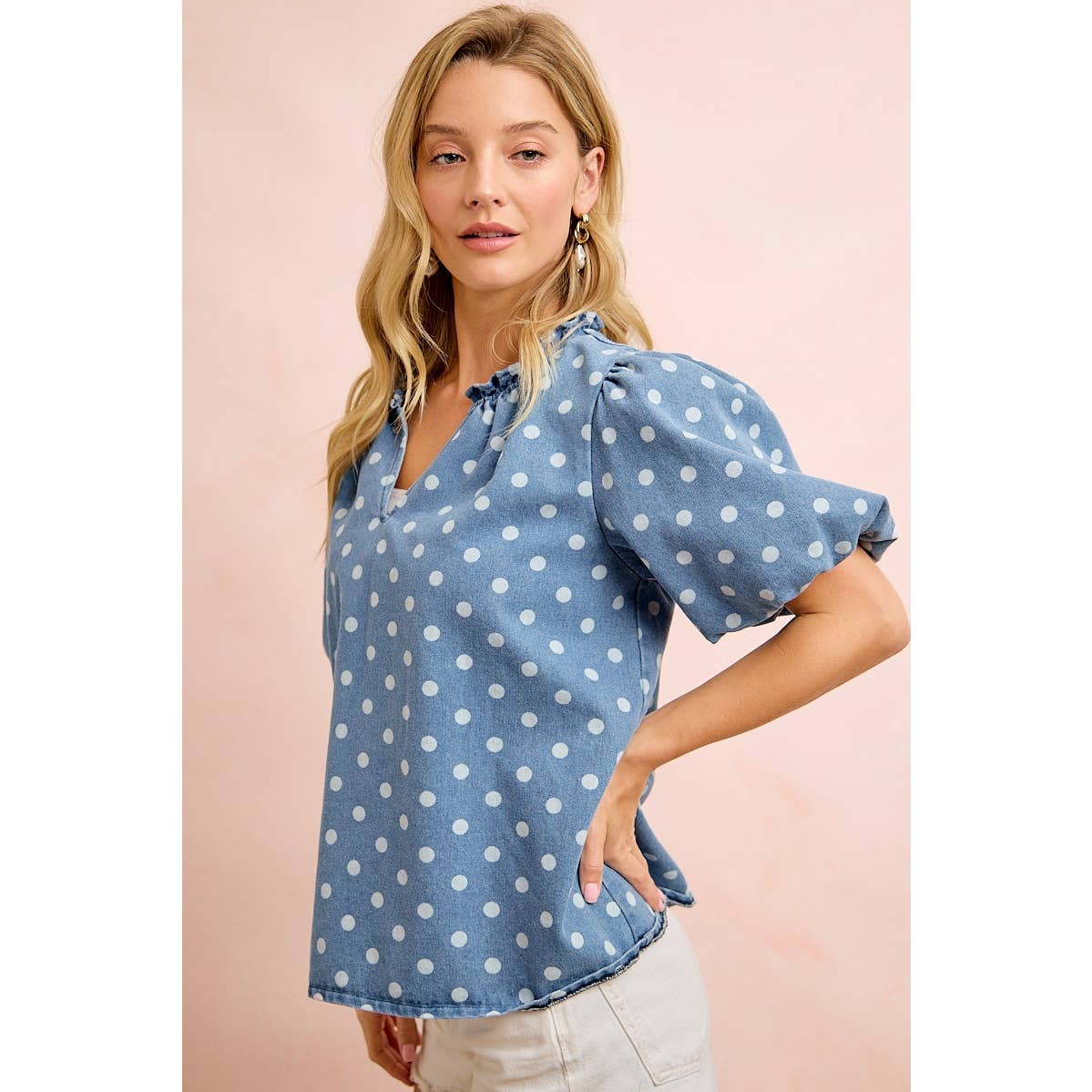 POLKA DOTS PRINTED DENIM V NECK SLEEVES TOP
