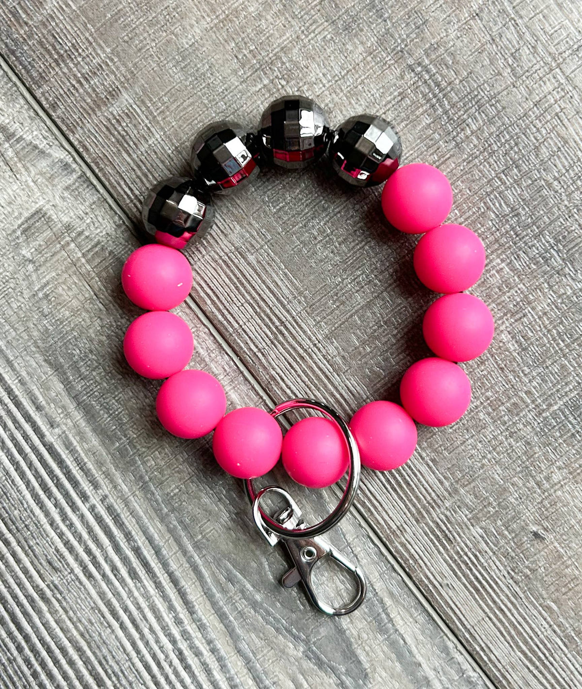 Bright Pink and Silver Disco Ball Wristlet Keychain