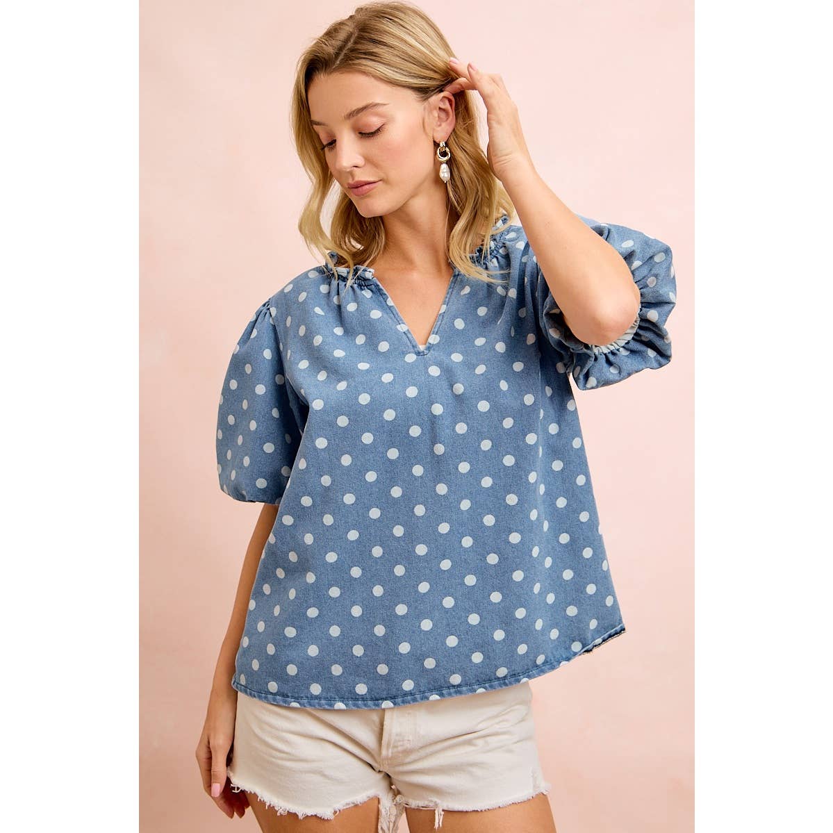POLKA DOTS PRINTED DENIM V NECK SLEEVES TOP