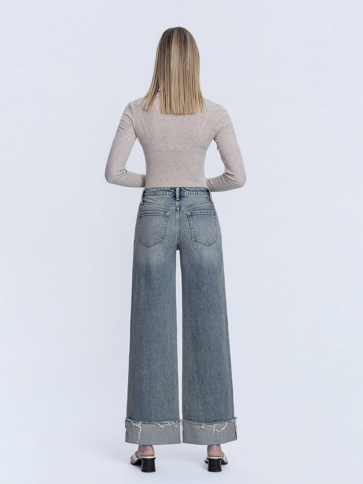 HIGH RISE FULL LENGTH CUFF TINTED WIDE LEG JEANS