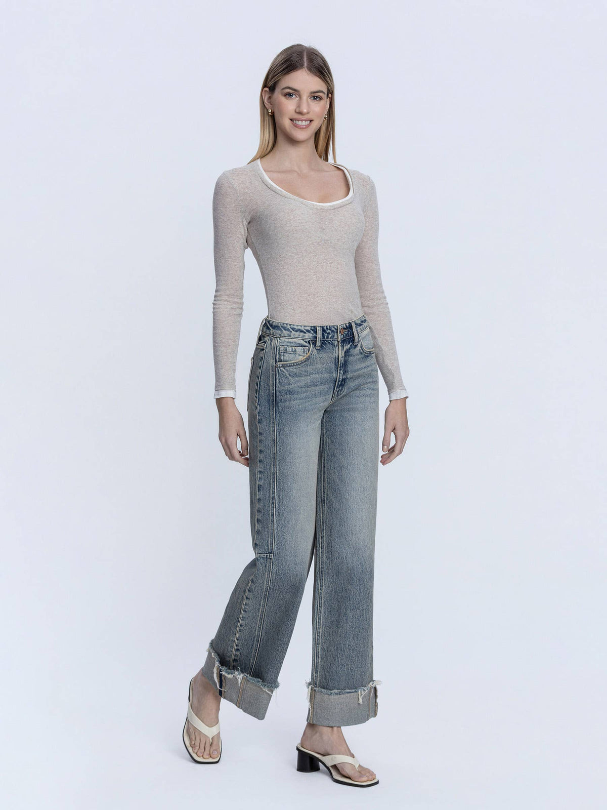 HIGH RISE FULL LENGTH CUFF TINTED WIDE LEG JEANS