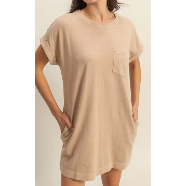 Mineral Wash Oversized Cotton Tee Pocket Dress in Taupe