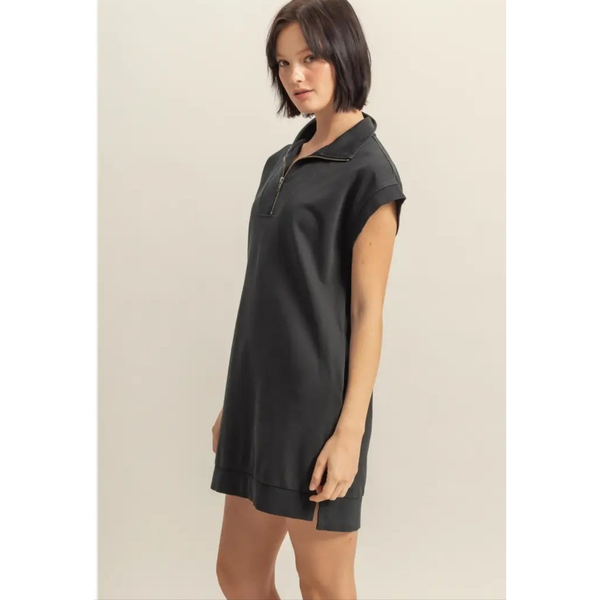 Washed Black Quarter Zip Dolman Sleeve Dress with Pockets