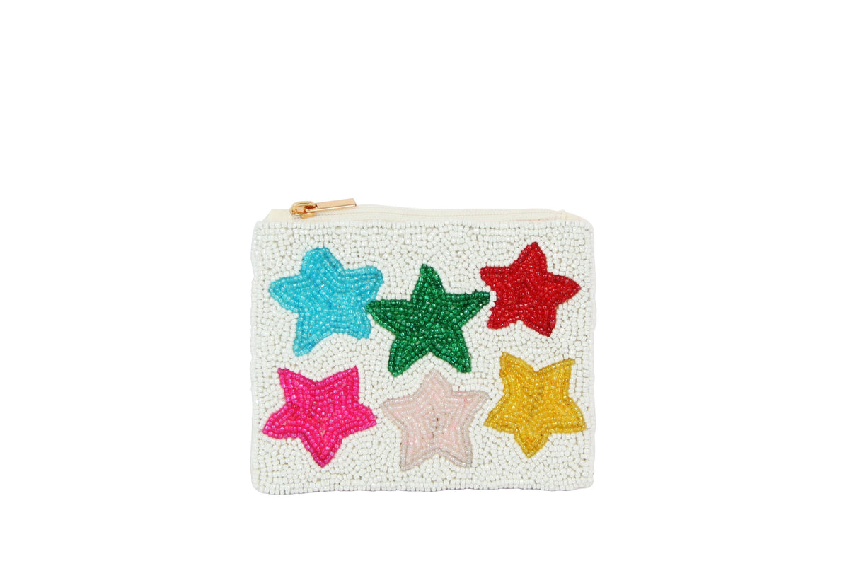 Ladies White Beaded  STARS Fashion Coin Purse