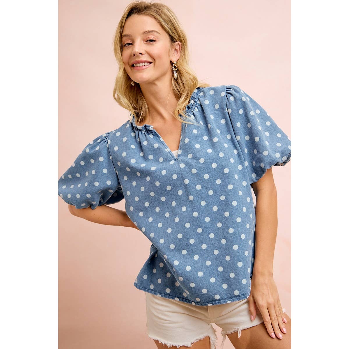 POLKA DOTS PRINTED DENIM V NECK SLEEVES TOP