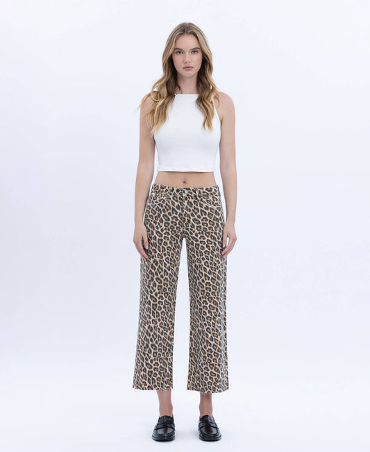 HIGH RISE ANIMAL PRINT CROP WIDE LEG JEANS T5894LPD