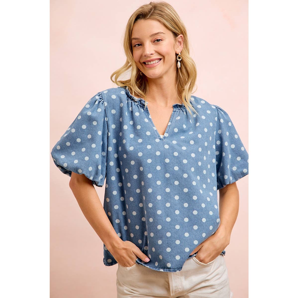 POLKA DOTS PRINTED DENIM V NECK SLEEVES TOP