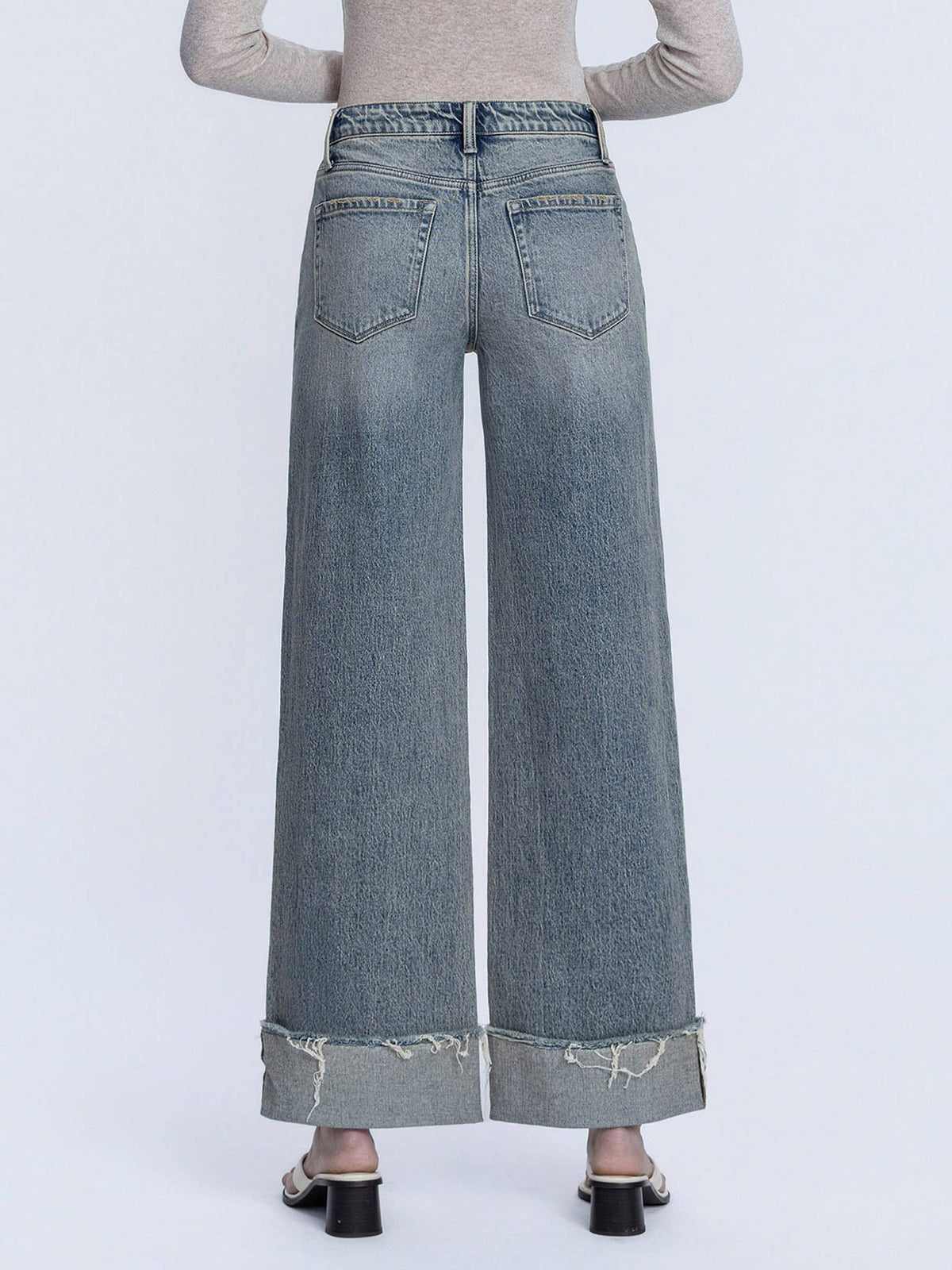 HIGH RISE FULL LENGTH CUFF TINTED WIDE LEG JEANS