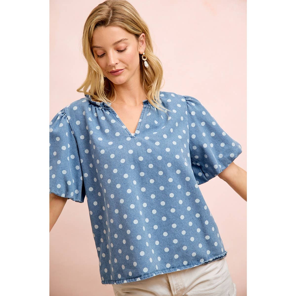 POLKA DOTS PRINTED DENIM V NECK SLEEVES TOP
