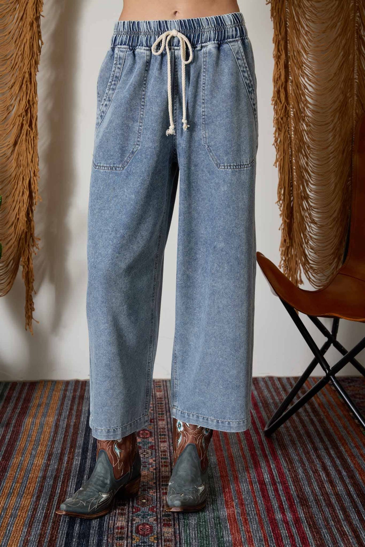WASHED DRAWSTRING WAIST WIDE LEG DENIM PANTS