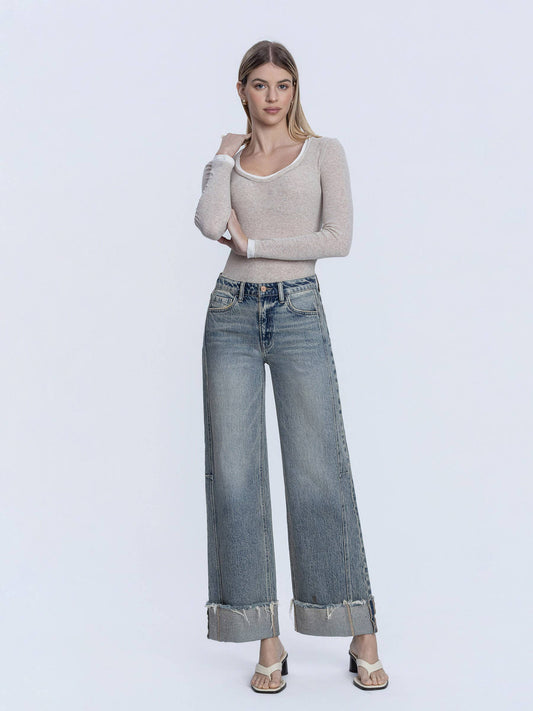 HIGH RISE FULL LENGTH CUFF TINTED WIDE LEG JEANS
