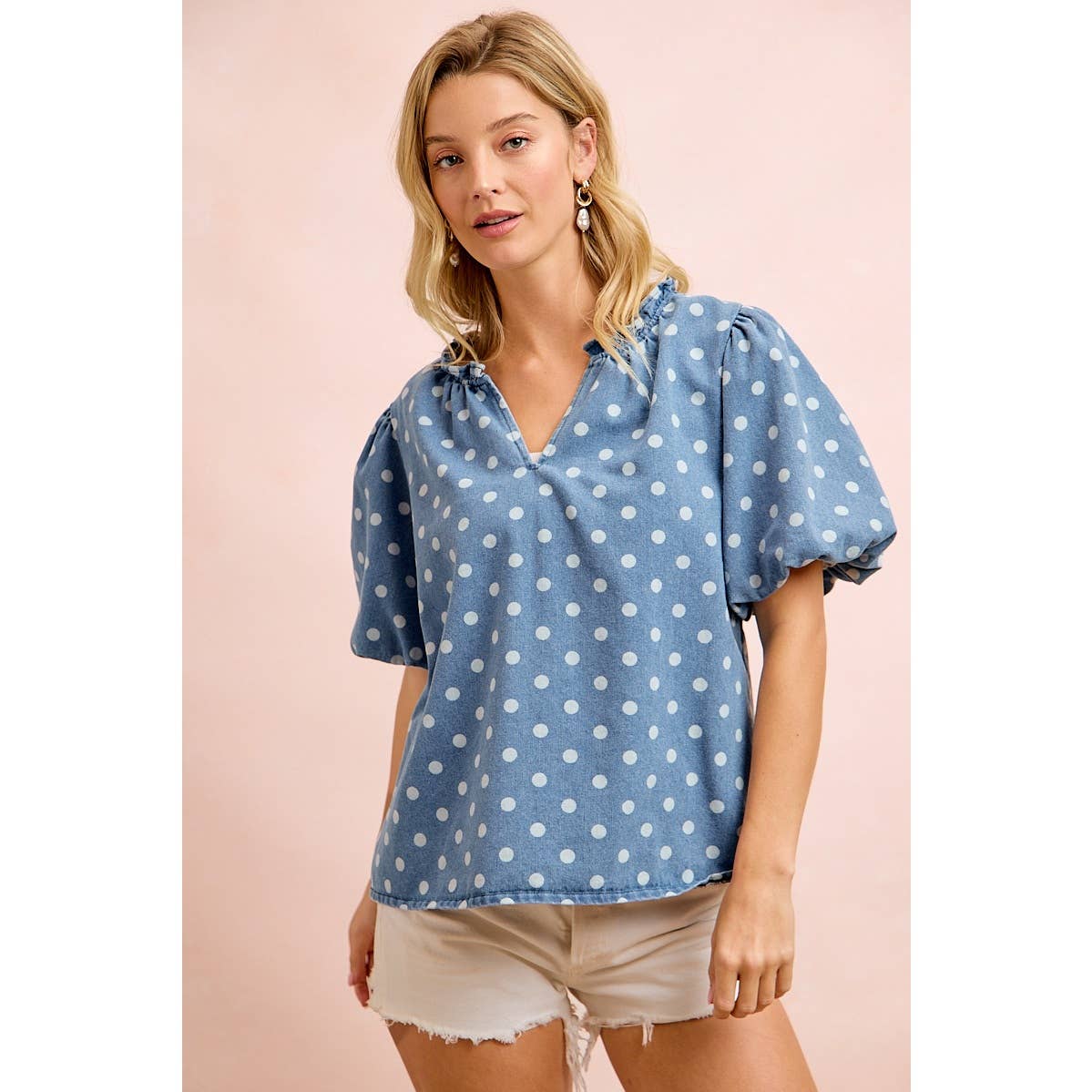 POLKA DOTS PRINTED DENIM V NECK SLEEVES TOP
