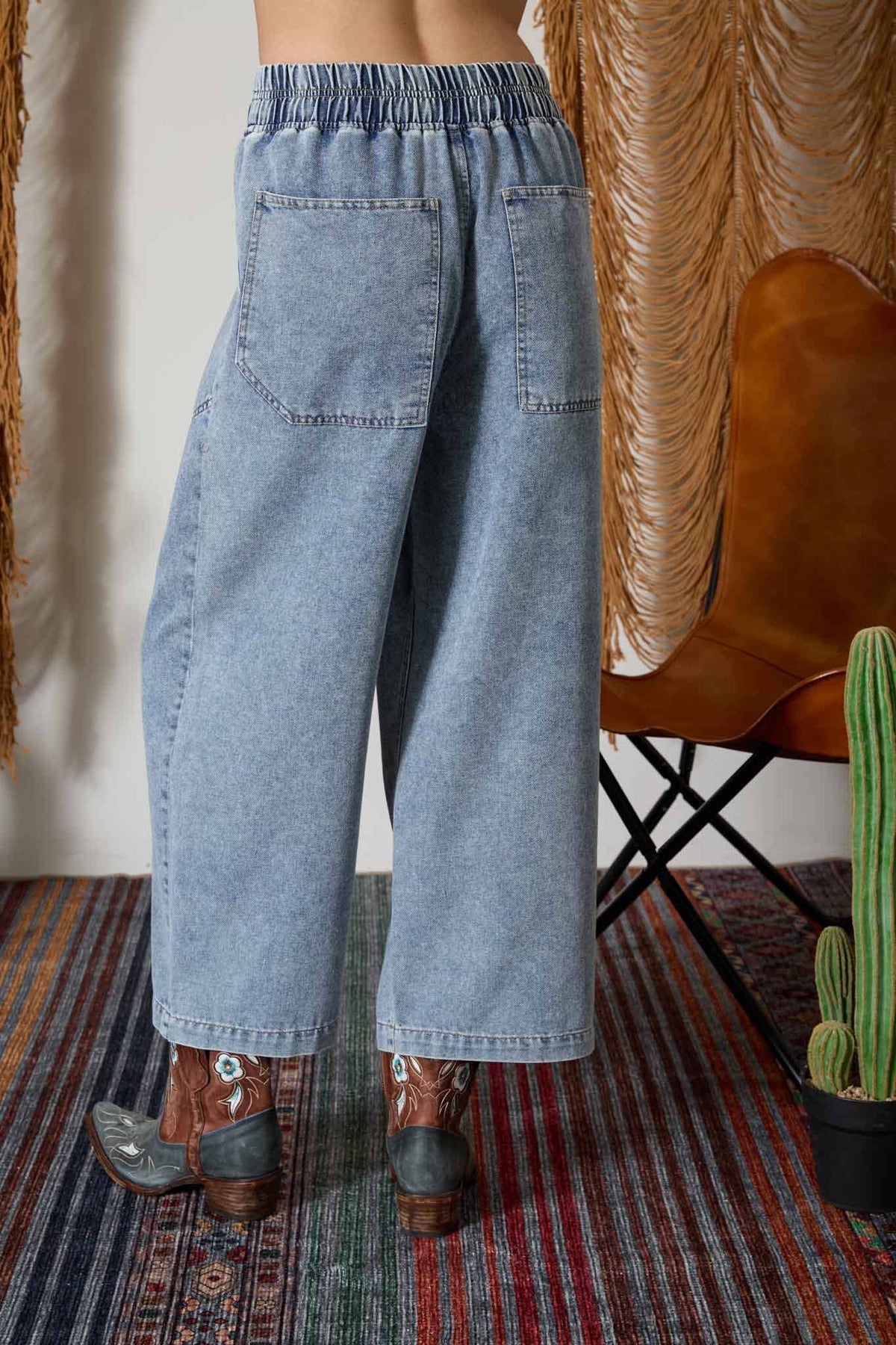 WASHED DRAWSTRING WAIST WIDE LEG DENIM PANTS