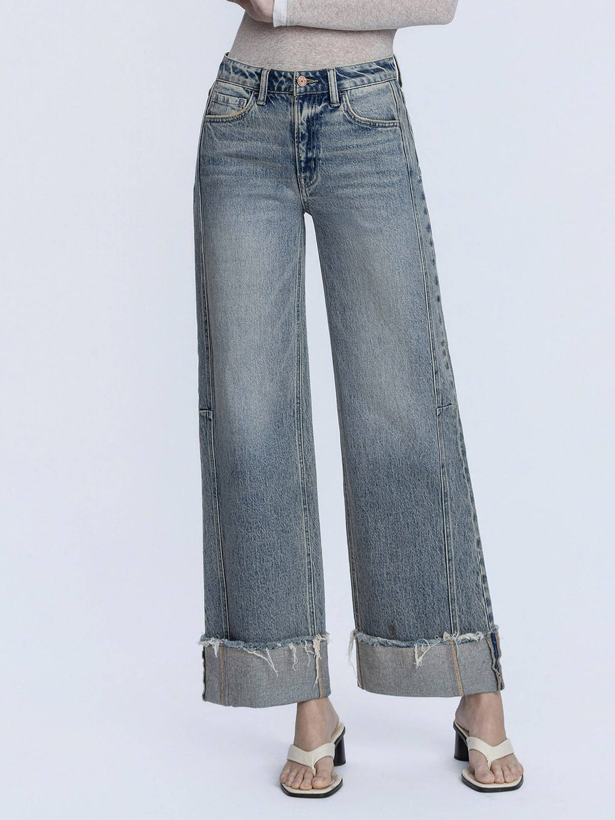 HIGH RISE FULL LENGTH CUFF TINTED WIDE LEG JEANS