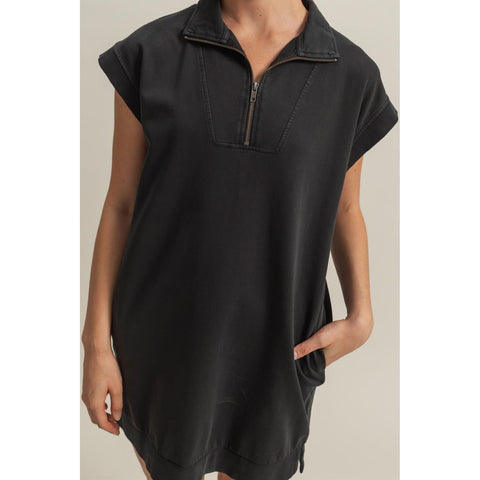 Washed Black Quarter Zip Dolman Sleeve Dress with Pockets