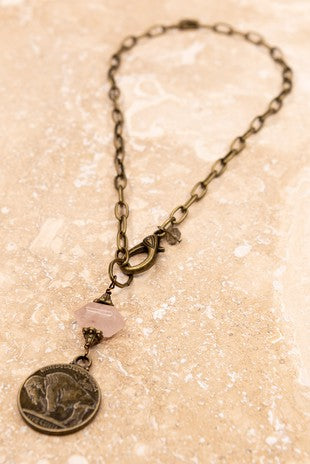 Bold Bronze Buffalo Charm Necklace with a pop of pink